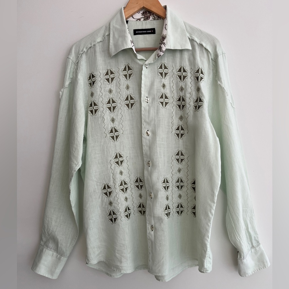 LINEN Long Sleeve Button Front Shirt Embroidered Raw Hem Detail Contrast Cuff